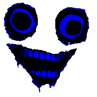 a drawing of a smiley face with blue eyes and teeth on a white background