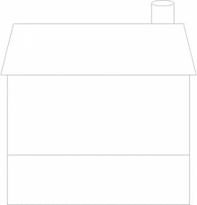 a drawing of a house with the letter m in blue