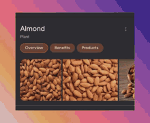 a screenshot of an almond plant with benefits and products buttons