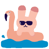 a bunny wearing sunglasses is floating on a flamingo in the water