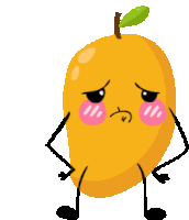 a cartoon drawing of a mango with arms and legs and a sad face