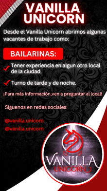 an advertisement for vanilla unicorn in spanish with a red circle in the middle