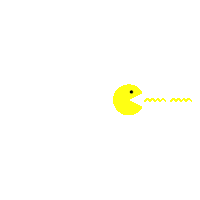 a yellow pac man with a black eye is eating something