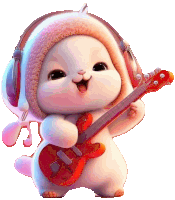 a cartoon rabbit wearing headphones is holding a red guitar