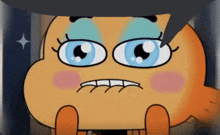 a close up of a cartoon character with blue eyes making a funny face