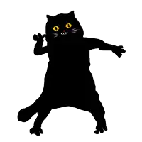a silhouette of a black cat with yellow eyes dancing