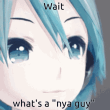 a close up of a girl with the words wait what 's a " nya guy "