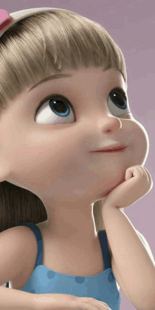 a cartoon girl with blonde hair and blue eyes looks up at something