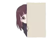 a girl is peeking out from behind a cardboard box .