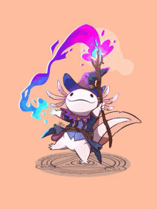 a cartoon illustration of an axolotl dressed as a wizard holding a wand and a book .