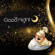 a teddy bear is sleeping on a pillow with the words good night written on it
