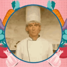 a man in a chef 's hat is in a circle with vegetables