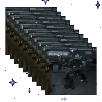 a pixel art of a soldier standing in a room