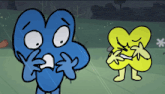 two cartoon characters one blue and one yellow are standing next to each other on a grassy field