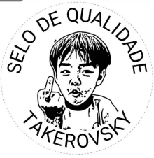 a black and white drawing of a boy giving the middle finger with the words selo de qualidade takerovsky