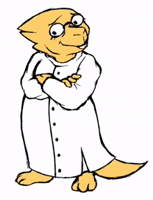 a cartoon drawing of a yellow lizard wearing a white coat and glasses