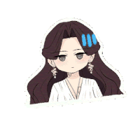 a drawing of a girl with long brown hair wearing a white shirt and earrings .