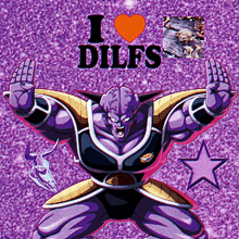 a purple cartoon character says i heart dilfs