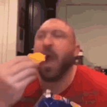 a man with a beard is eating a bag of potato chips .