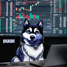 a husky dog sits in front of a computer screen that says hash