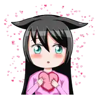 a girl with black hair and blue eyes is holding a pink heart