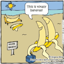 a cartoon of bananas on a beach with a sign that says nude beach