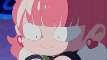 a close up of a cartoon character with pink hair and earrings
