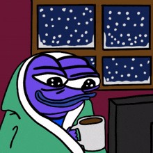 a cartoon of a purple frog holding a cup of coffee in front of a snowy window