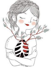 a black and white drawing of a woman hugging herself with a heart in her chest .