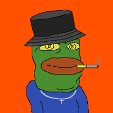 a pixel art drawing of a green frog wearing a top hat and smoking a cigarette