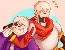 a drawing of two skeletons with a purple shirt and a red scarf with a x on it