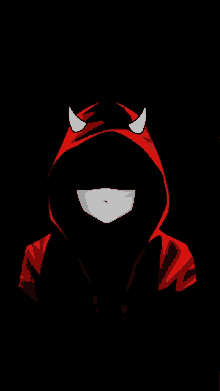 a person wearing a red devil hoodie with horns on their head .