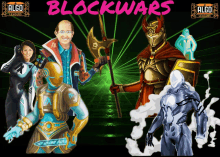 a poster for blockwars shows a man holding an axe