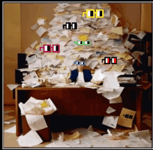 a man sits at a desk surrounded by a pile of papers