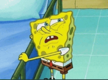a cartoon character named spongebob squarepants is holding onto a railing