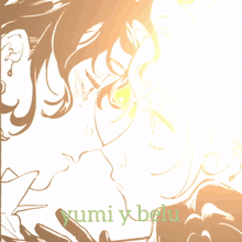 a black and white drawing of a person with the name yumi y beliu on the bottom right