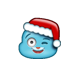 a blue smiley face wearing a santa hat winks