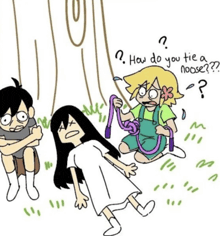 a cartoon of a girl holding a rope and a boy holding a rope .