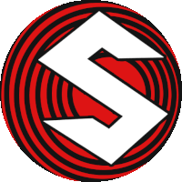 a red and black circle with the letter s in the center