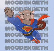 a cartoon of a cow dressed as superman with the name moodengeth behind it