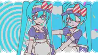 a drawing of a girl with blue hair wearing a striped outfit