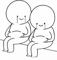 a black and white drawing of two people sitting next to each other with their stomachs full .