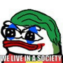 a cartoon of a penguin wearing a joker wig and sunglasses with the words `` we live in a society '' .