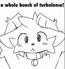 a black and white drawing of a cat with the words `` a whole bunch of turbulence '' written below it .