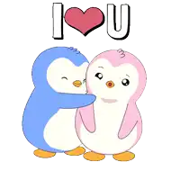 a couple of penguins hugging each other with the words i love you above them