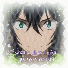 a picture of a boy with the words love when le dices a miya que no es de tsuki on the bottom