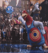 a cartoon chicken wearing a basketball uniform is dancing on a basketball court