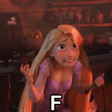 rapunzel from tangled is holding her hair in a purple dress and saying `` ff '' .