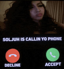 a woman is talking on a cell phone with the words soljuh is callin yo phone