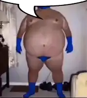 a fat man in a blue superhero costume with a speech bubble behind him